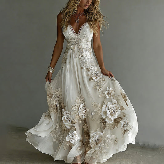 Women's Floral Embroidery Art Suspender Maxi Dress