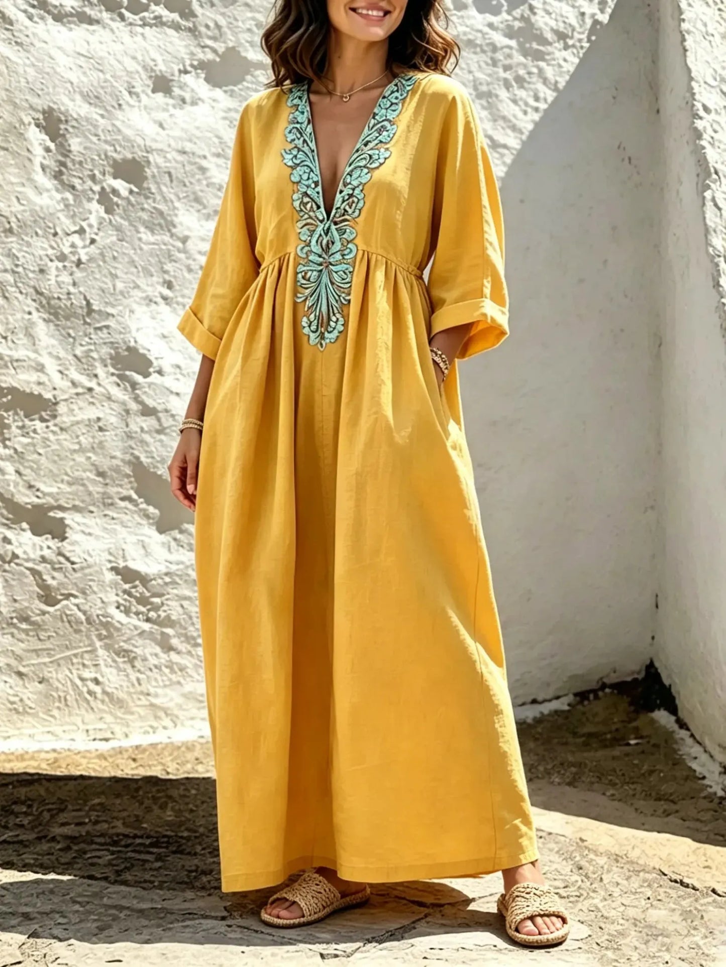 Women's Solid Mint Embroidery V-Neck Loose Kaftan Maxi Dress