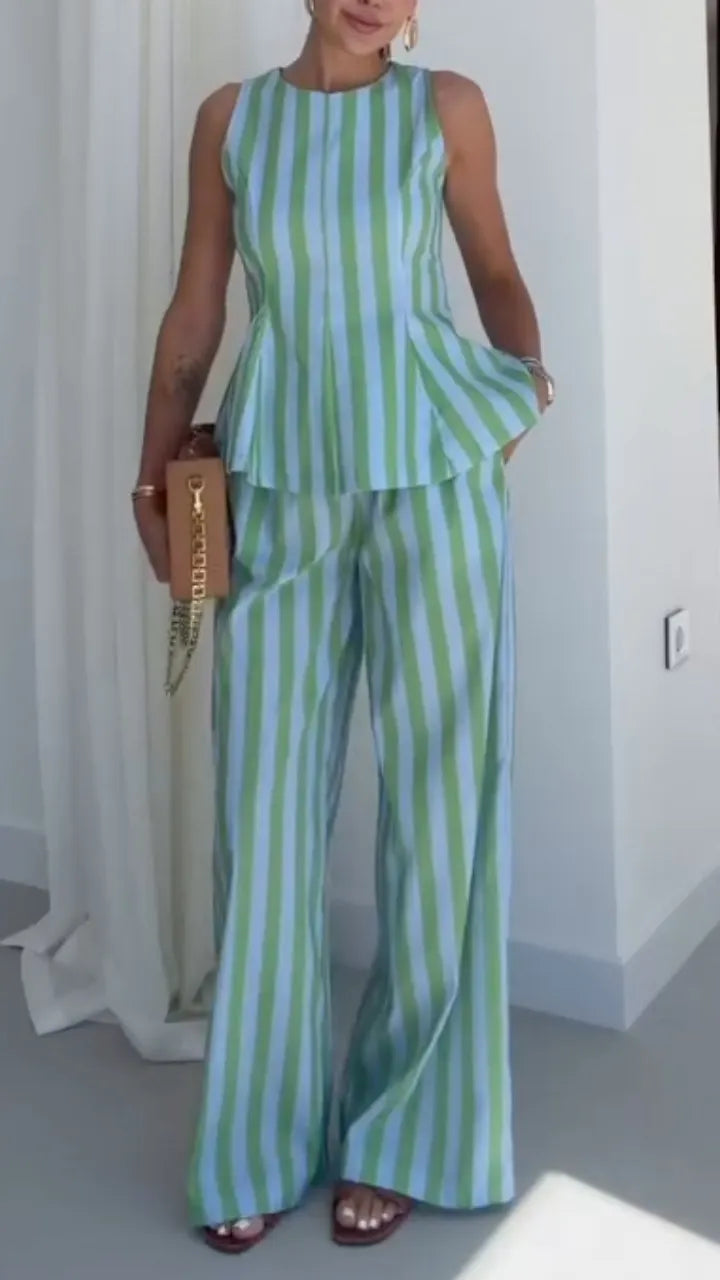 Stripe Sleeveless Two‑Piece Pant Set