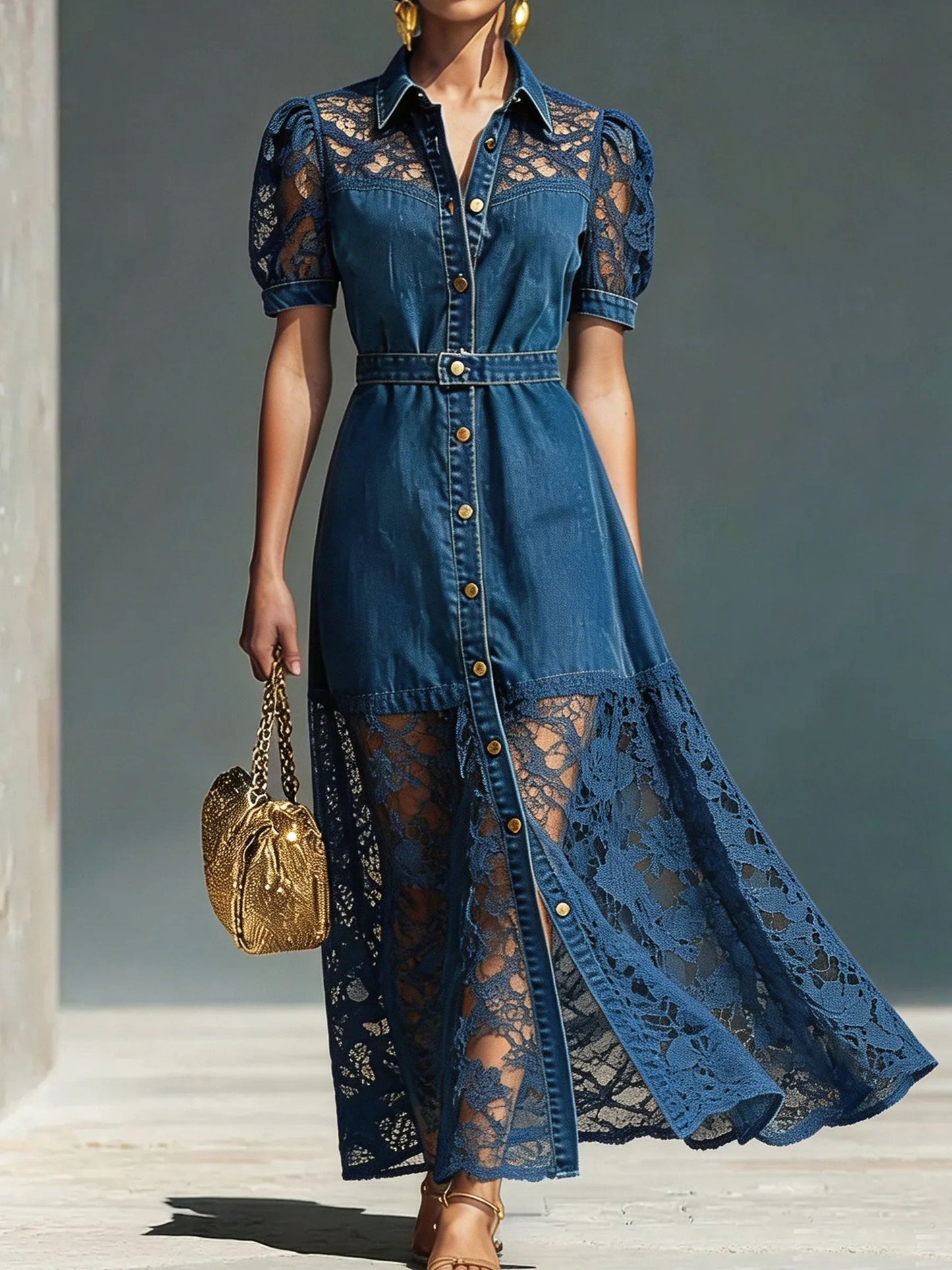 Women’s Lace Spliced Puff Sleeve Belted Denim Shirt Maxi Dress