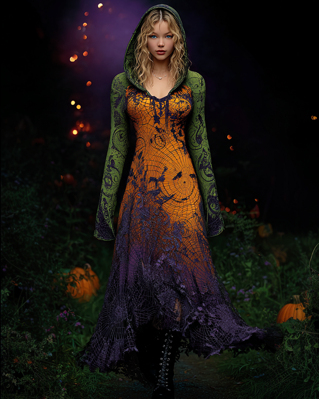 Halloween Contrast Color Spiderweb Lace Panel Hooded Dress 8212