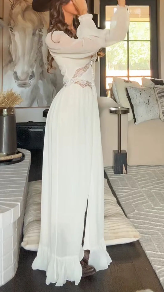 Lace Insert Long Sleeve Western Maxi Dress