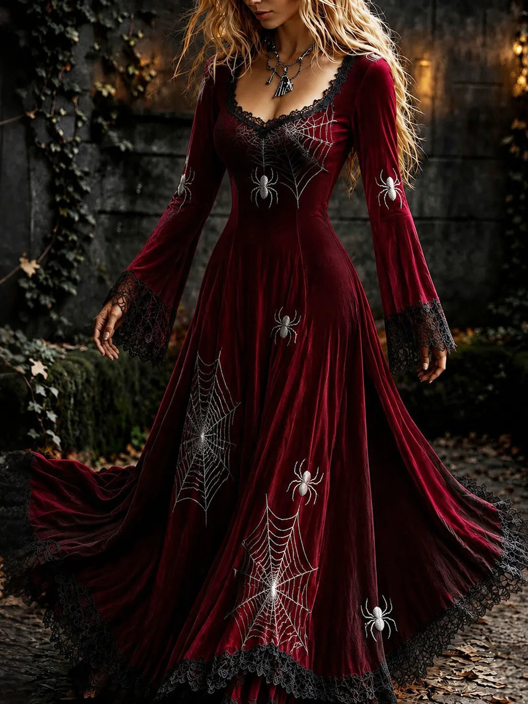 Women's Retro Gothic Spider Web Pattern Maxi Halloween Dress
