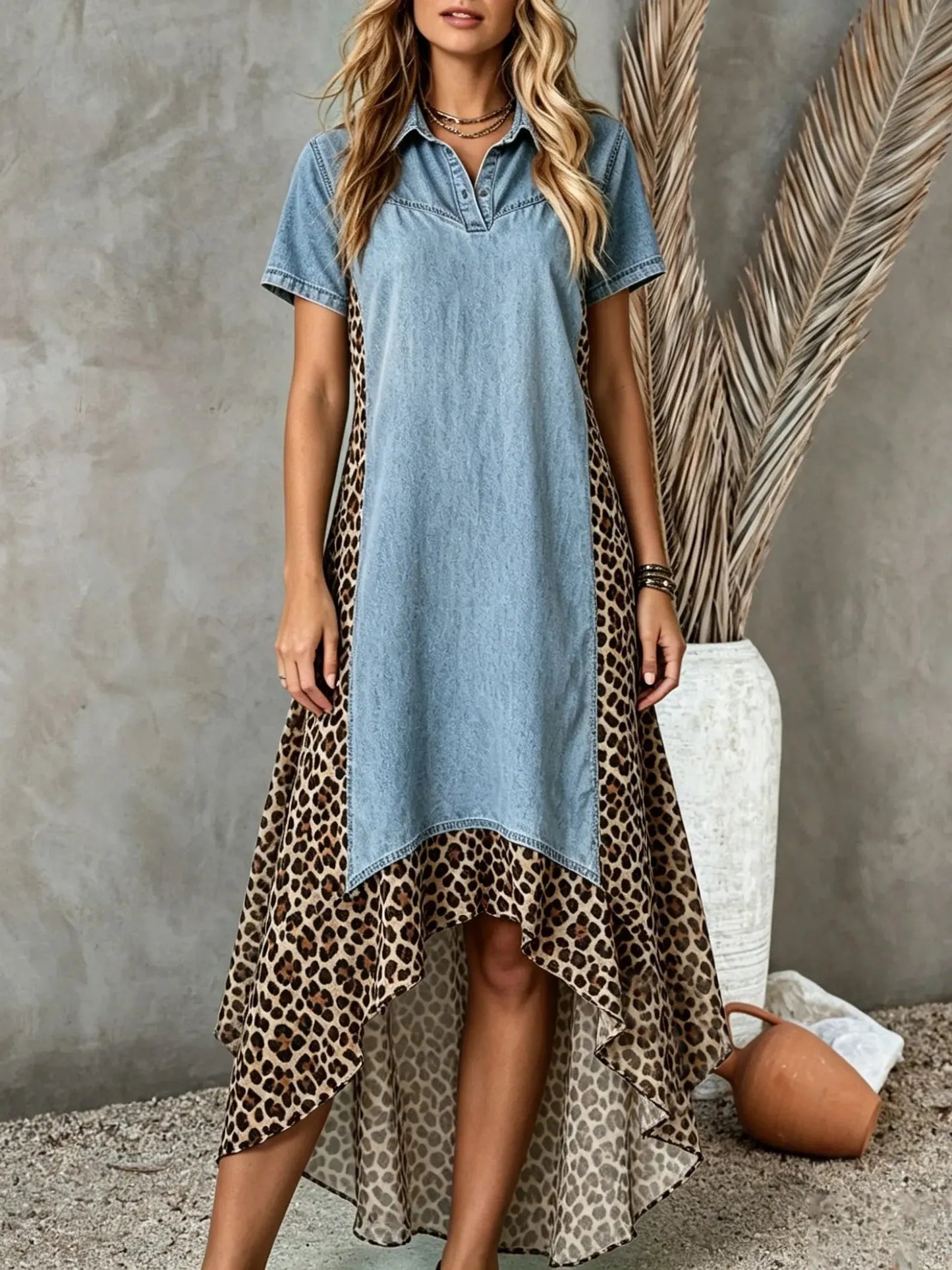 Women's Denim Patchwork Classic Leopard Irregular Hem Shirt Maxi Dress