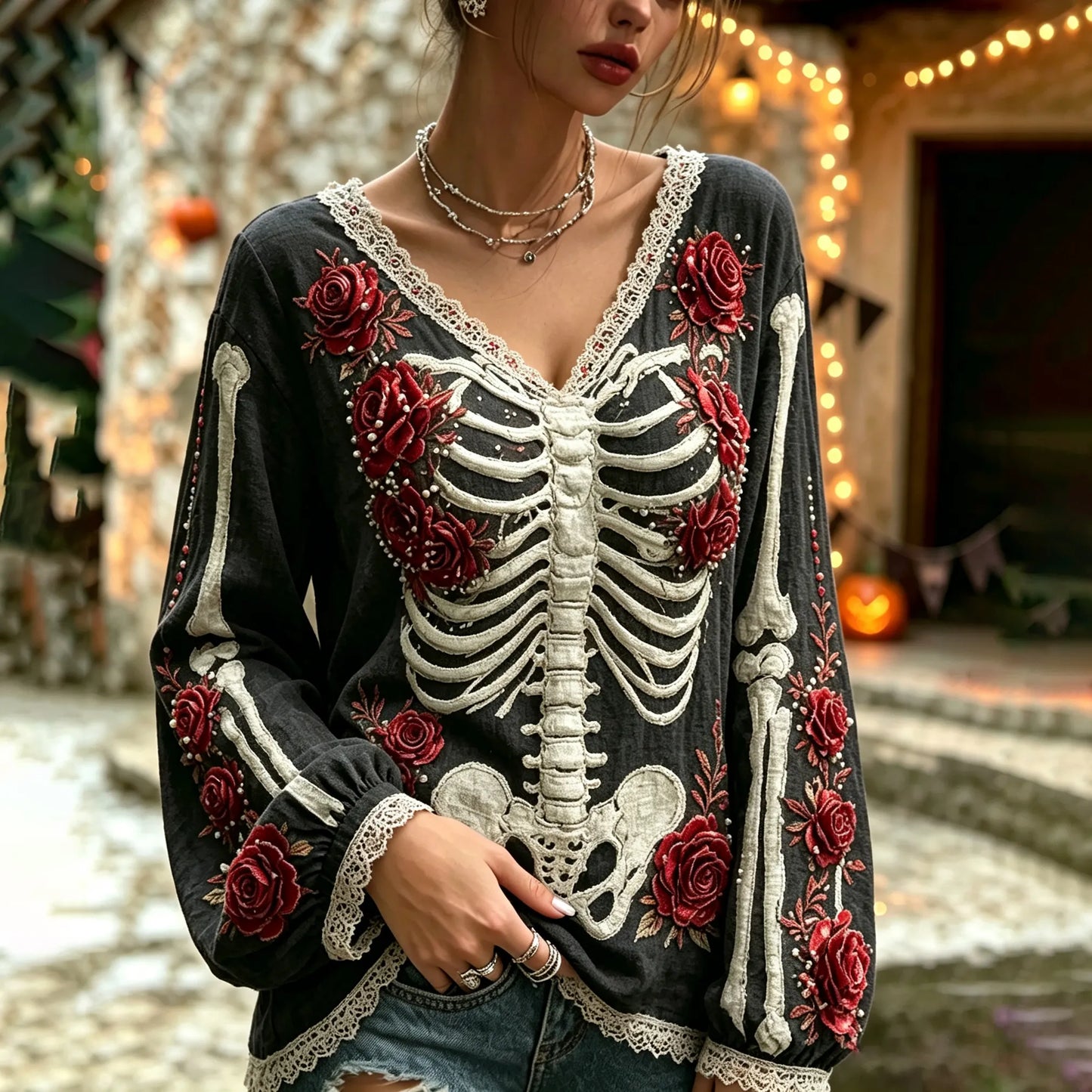 Women's Vintage Halloween Bloody Human Skeleton With Floral Art Casual Long Sleeve Tops