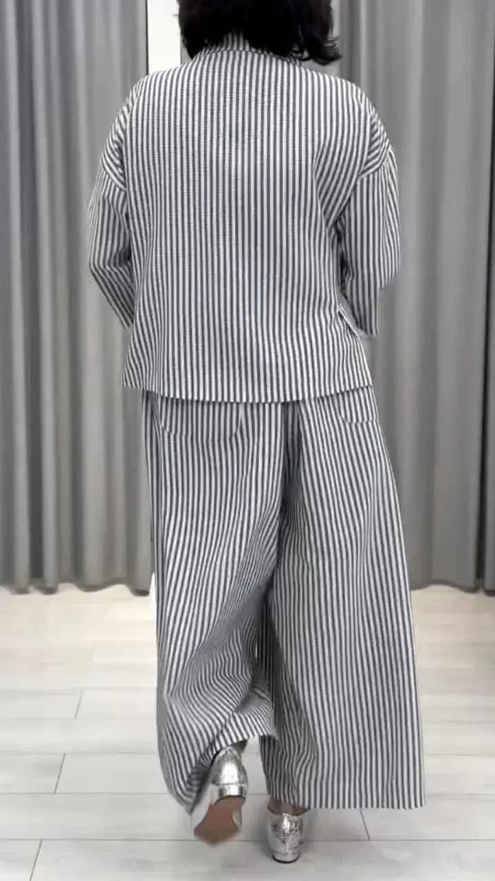 Grey Striped Linen-Blend Co-Ord Set