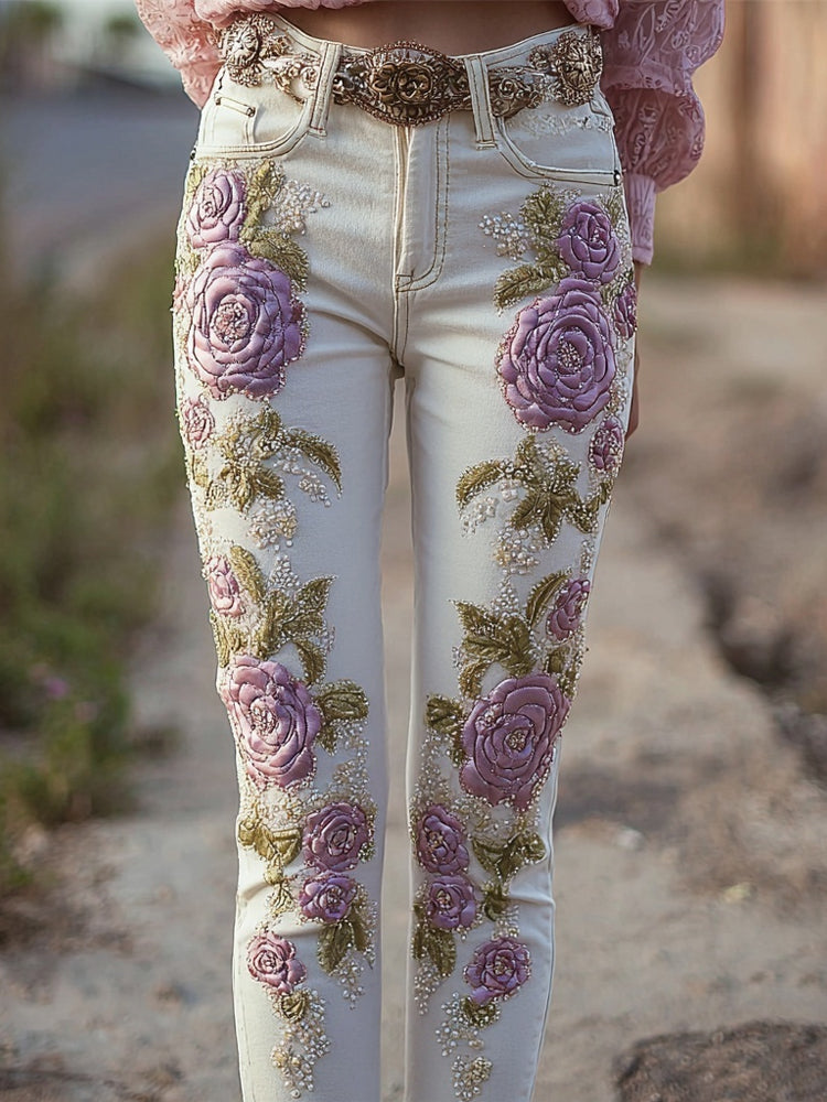 Vintage Purple Roses Embroidered White Skinny Jeans