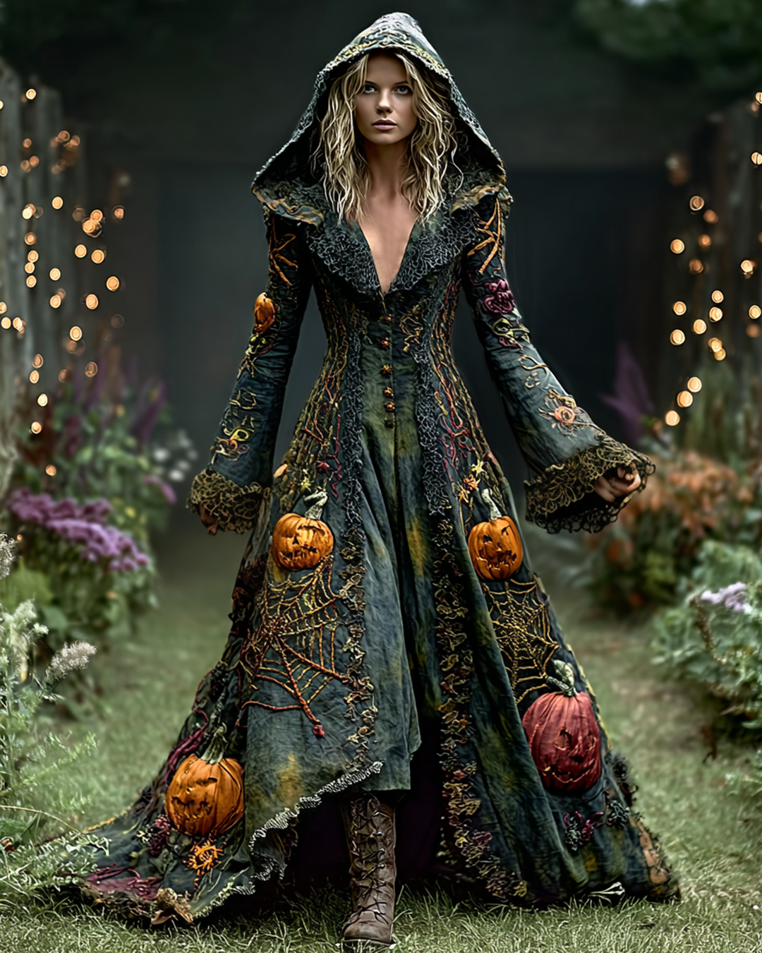 Halloween Theme Ombre Pumpkin Spiderweb Embroidery Ruffle Hooded Dress 63f2