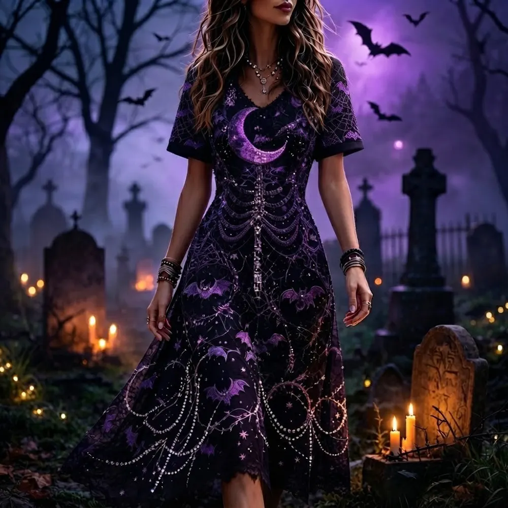 Women's Gothic V-neck Short Sleeve A-line Dress With Purple Moon And Bat Print
