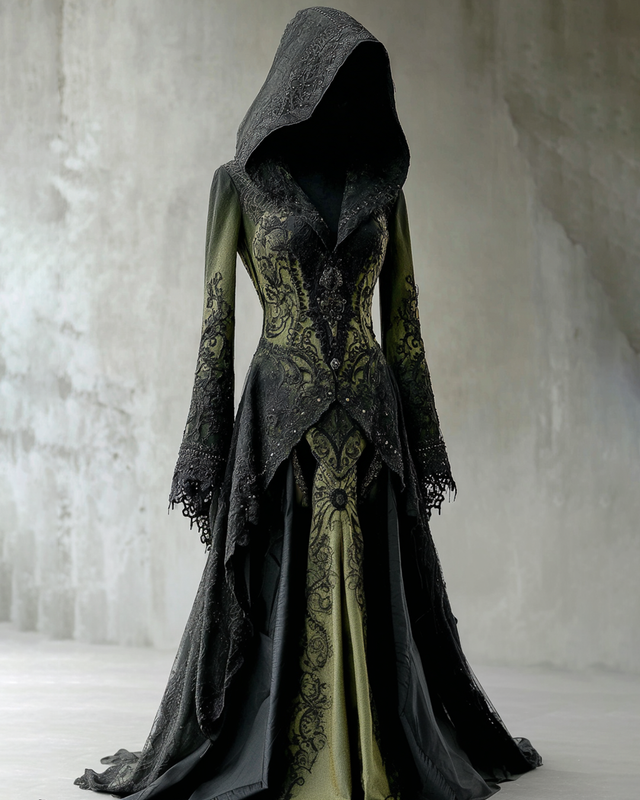Halloween Gradient Bat Embroidered Lace Patchwork Hooded Dress 4392