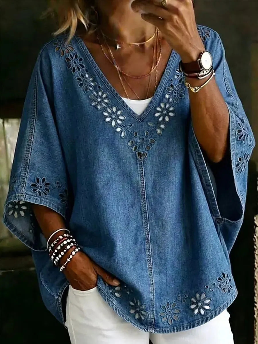 Boho-Chic Denim Floral Eyelet V-Neck Tunic