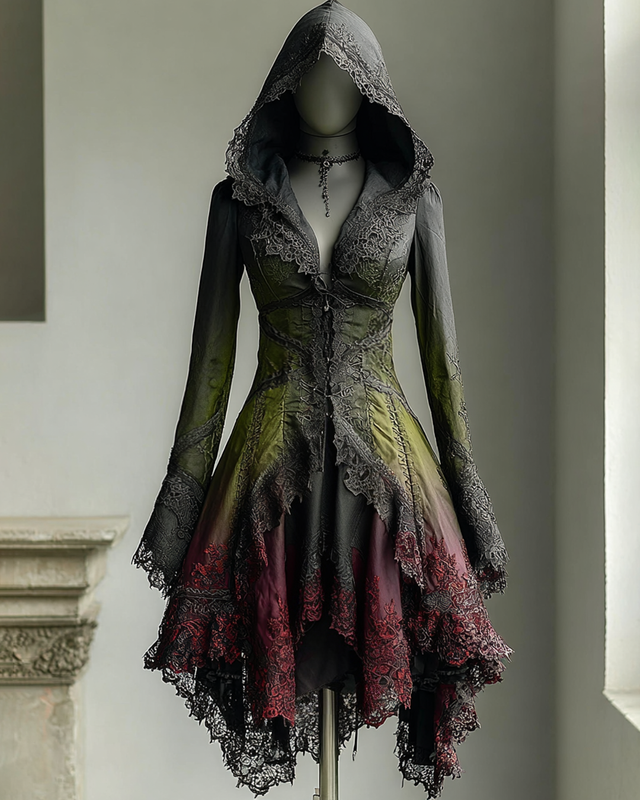 Halloween Themed Irregular Lace Hooded Dress ba42