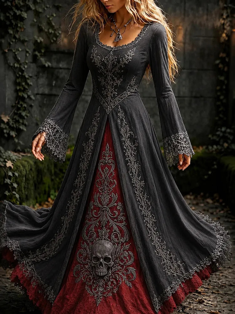Women's Retro Gothic Skull Color Block Pattern Maxi Halloween Dress