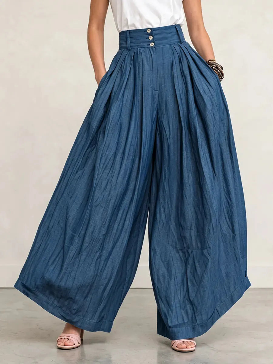 Dramatic Tancel Denim High-waisted Pleated Palazzo Pants