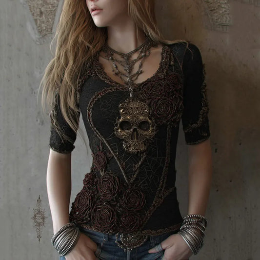 Women's Vintage Skull And Rose Lace Art V-neck Short Sleeve Top