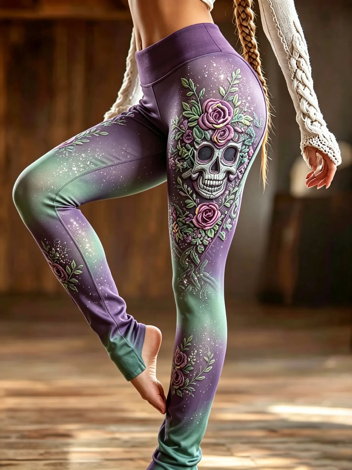 Women's Vintage Skull And Floral Pattern Art Casual Leggings