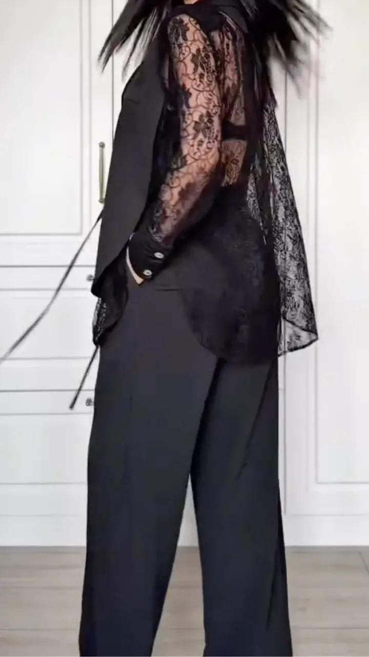 Lace Sleeve Blazer & Wide Leg Pants Co-Ord
