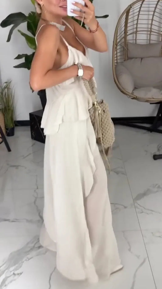 Women's V-Neck Ruffled Strappy Top & Wide-Leg Pants Set