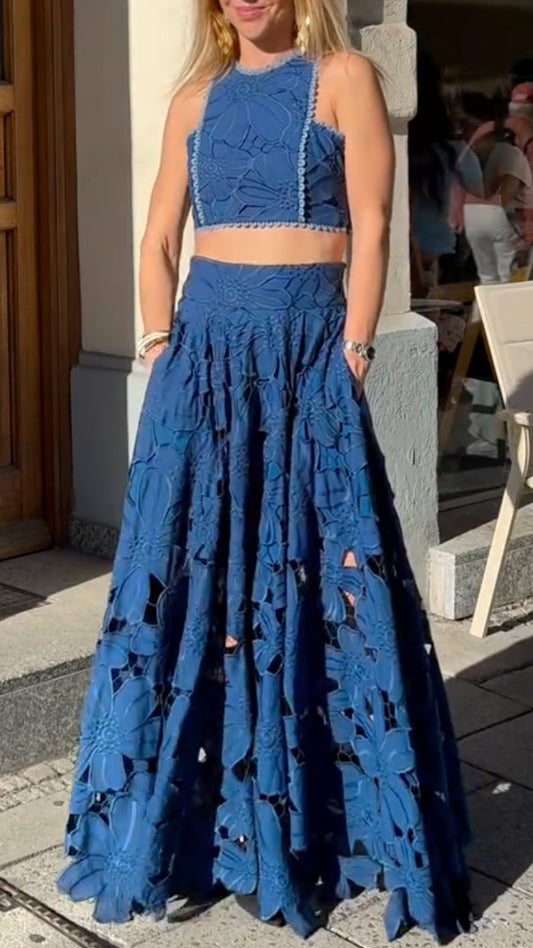 Floral Lace Crop Top Maxi Skirt Two-Piece Set