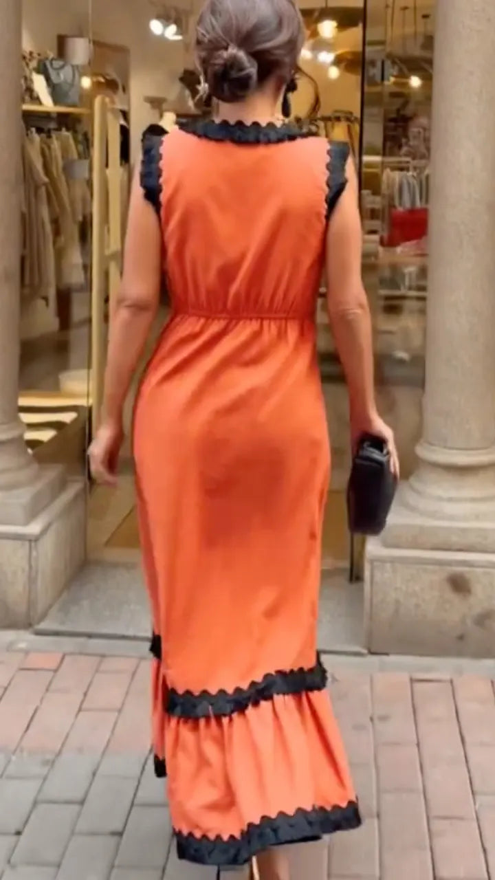 Orange & Black Lace Trim Maxi Dress