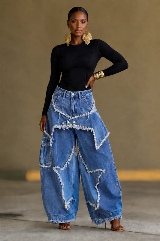 Fringe Rhinestone Star Cargo Wide Leg Jeans