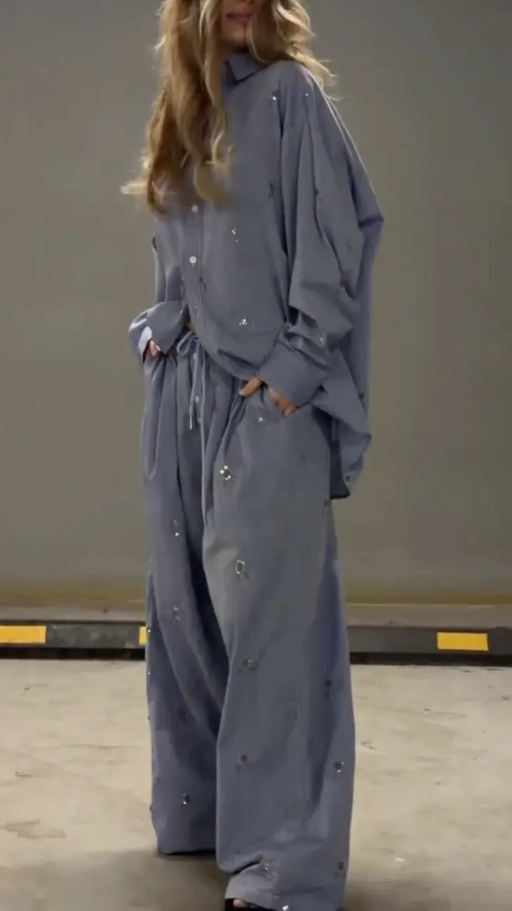 Sequin Oversized Shirt & Drawstring Wide Leg Pants Co‑Ord Set