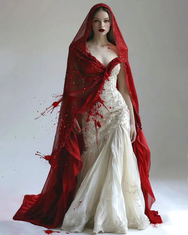Halloween Themed Contrasting Bloodstained Mesh Beaded Dress afc9