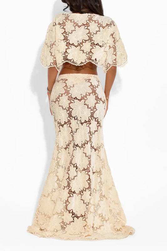 Beige Floral Lace Cropped Top Maxi Skirt Two-Piece Set