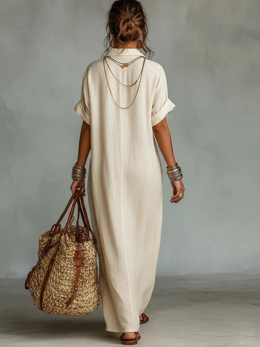 Women's Collared Cotton Linen Printed Casual Long Dress