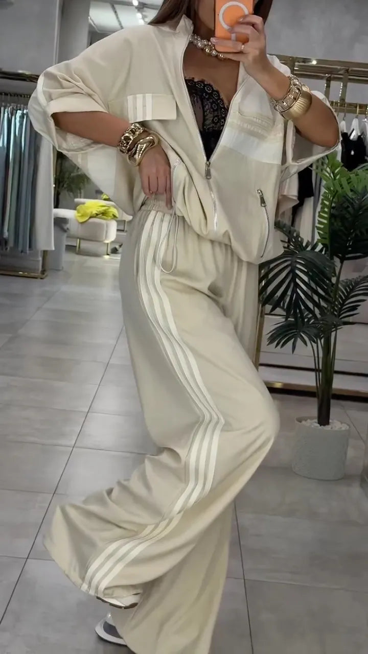 Beige Zip-Front Jacket & Wide Leg Pants Co-Ord Set