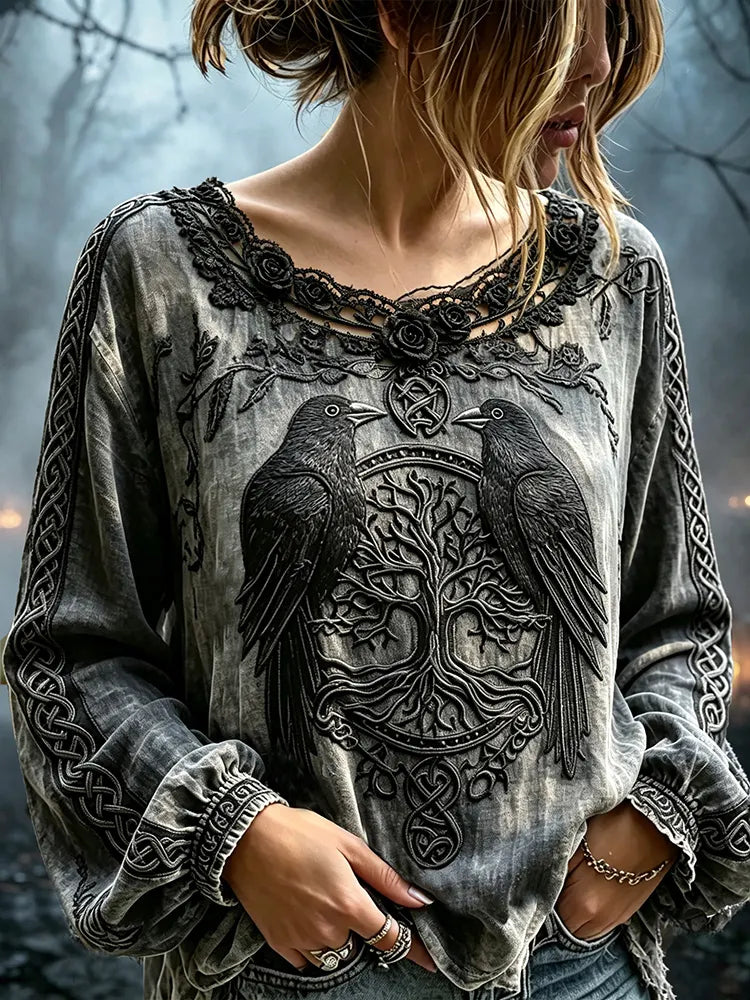Women's Vintage Hallowen Gothic Raven Life Tree Art Witch Top