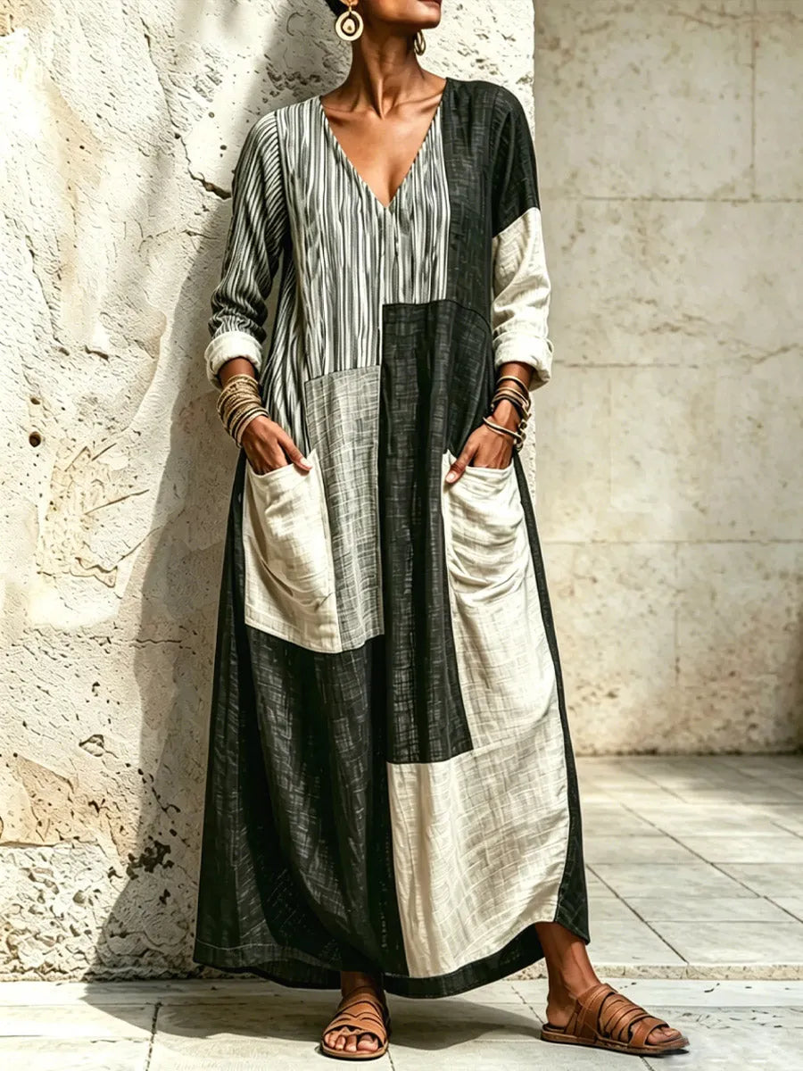 Women's Geometric Patchwork Loose Art Casual Stylish V-collar Long Sleeve Cotton Linen Dress