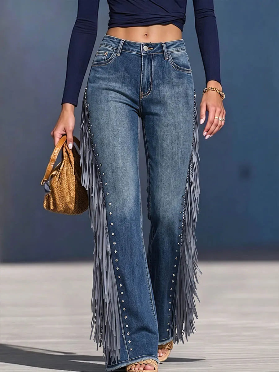 Women's High-waisted Loose-fit Wide-leg Denim Pants With Tassels And Studs