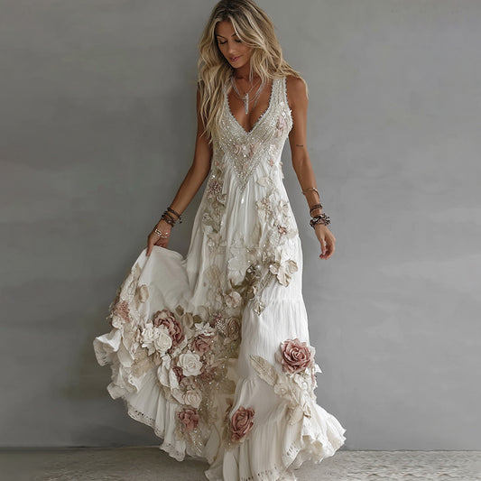 Women's Floral Art Print Flowy Linen Blend Casual Tank Maxi Dress