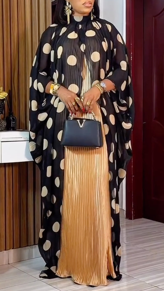 Black & Beige Polka Dot Chiffon Kaftan Open Cardigan
