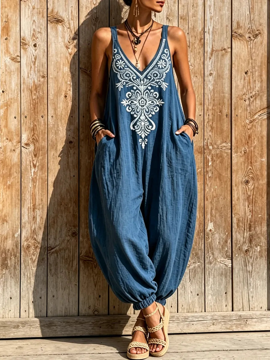 Women's Vintage Ethnic-style Sleeveless V-neck Casual Cotton-linen Jumpsuit