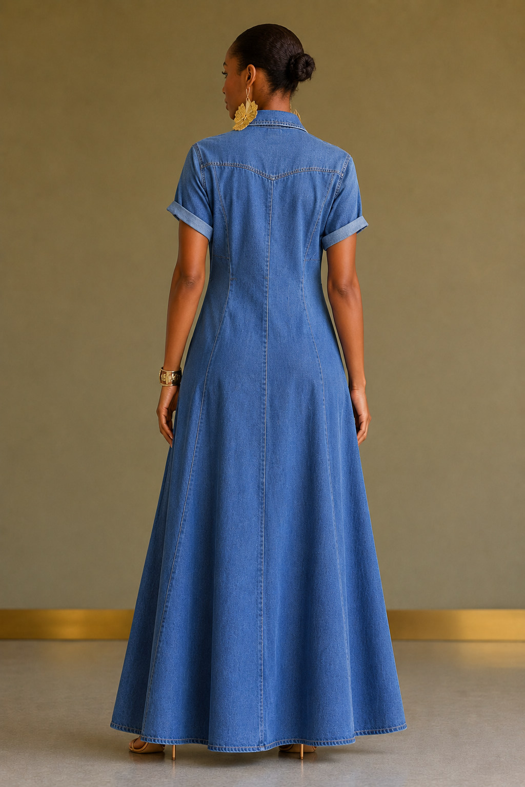 Medium Wash Roll Cuff Denim Button Down Maxi Shirt Dress