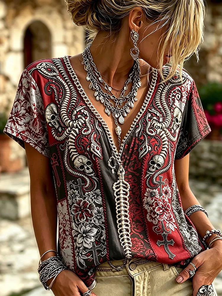 Women Vintage Halloween Gothic Snake Skeleton Skull Cross Floral Embroidery V Neck Short Sleeve Top