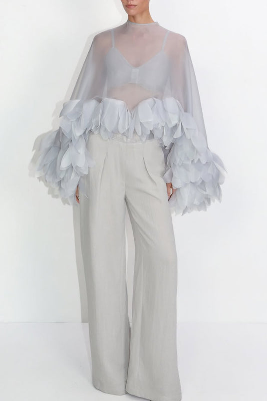 Light Grey Sheer Organza Blouse with 3D Petal Ruffle Sleeves