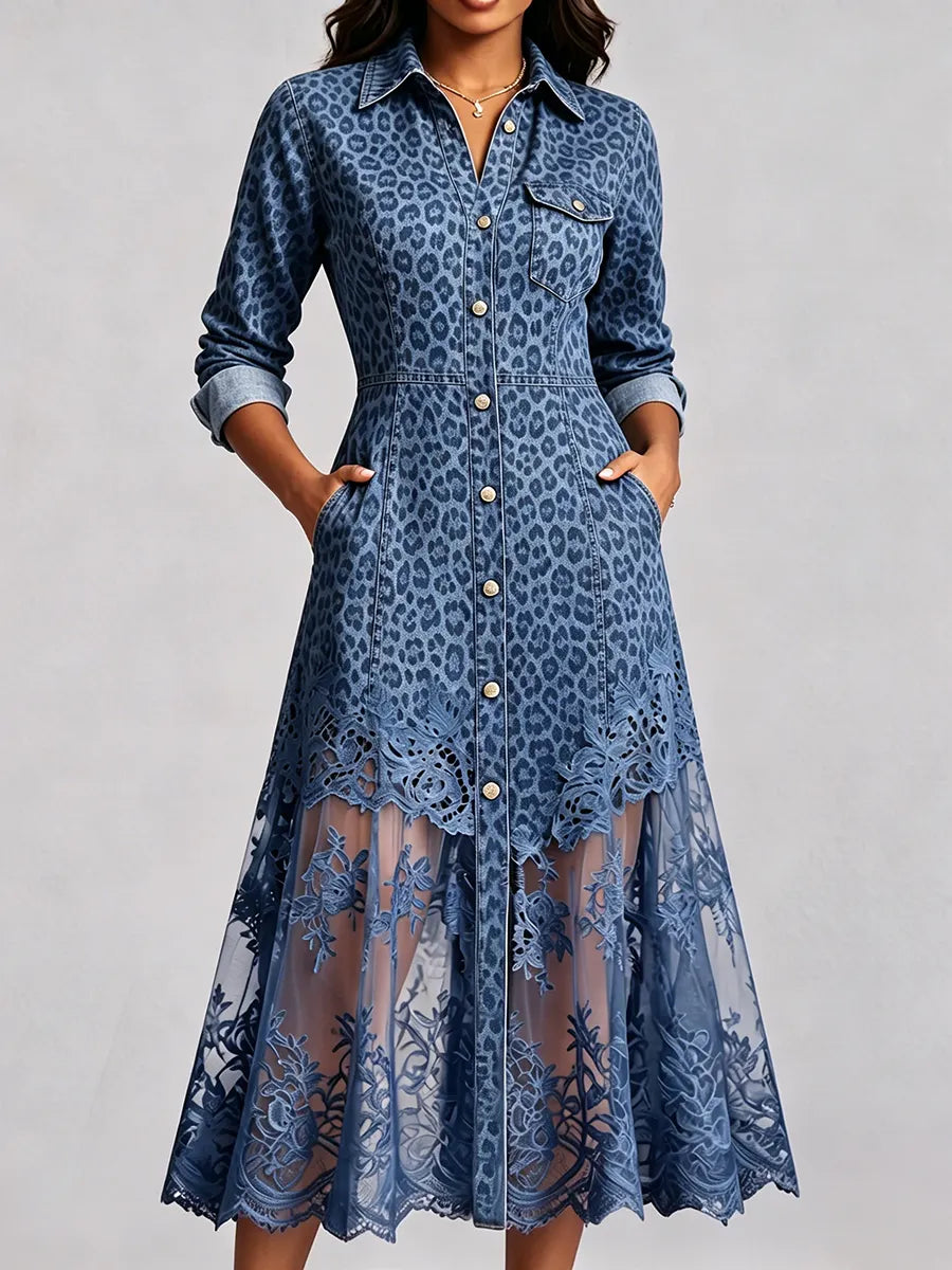 Sexy Leopard Print Denim Dress With Lace Hem