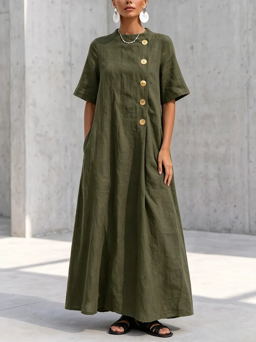 Elegant Olive Green Dress With Metal Buttons