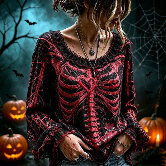 Women's Retro Halloween Style Skeleton Print Top