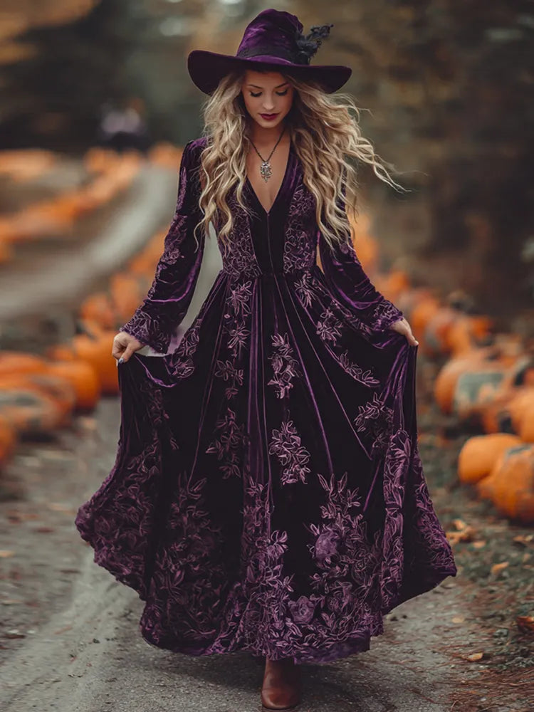Women's Vintage Halloween Floral Art Comfy Velvet Maxi Dress