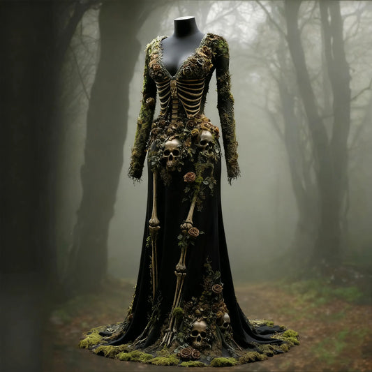 Women's Halloween Skull Flower Moss Witch Velvet Maxi Dress
