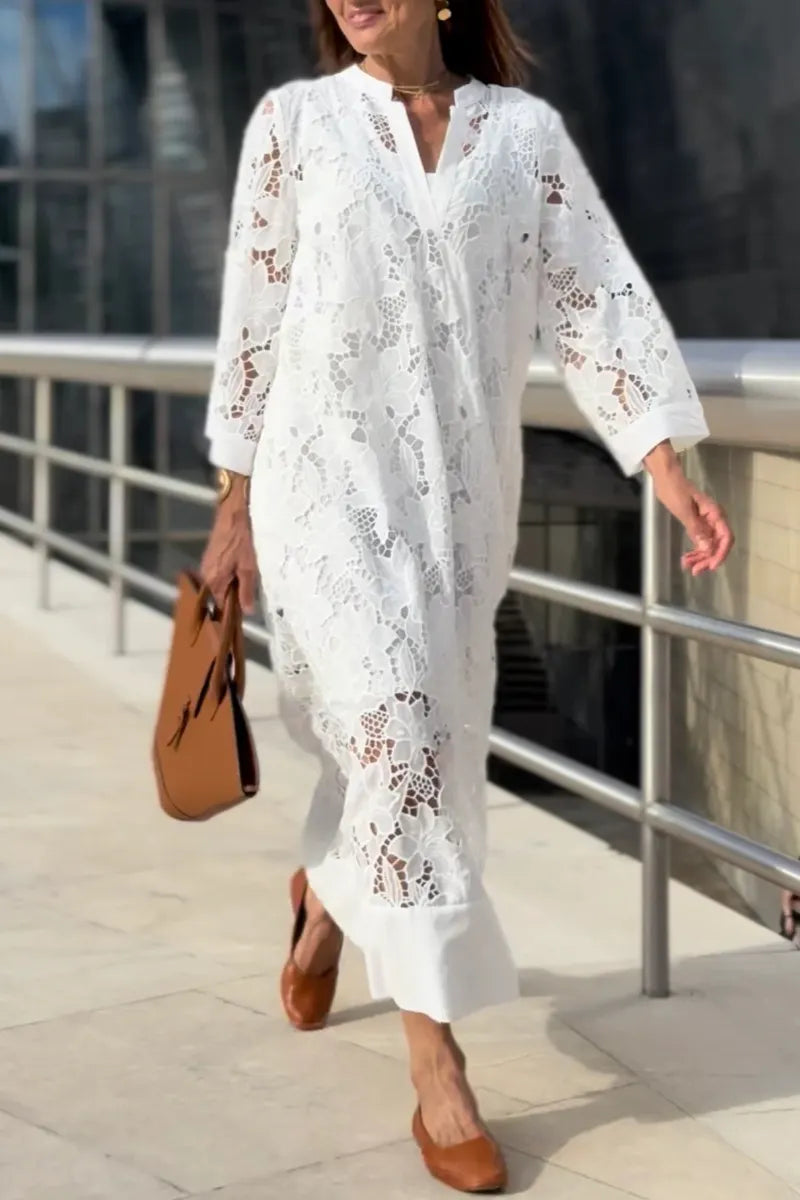 Floral Lace V-Neck Kaftan Midi Dress