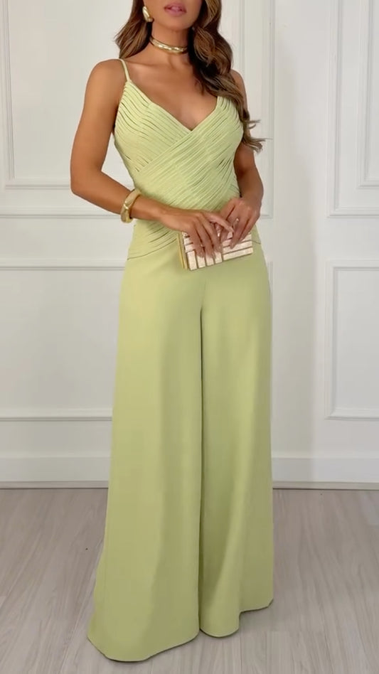V Neck Ruched Bodice Wide Leg Jumpsuit