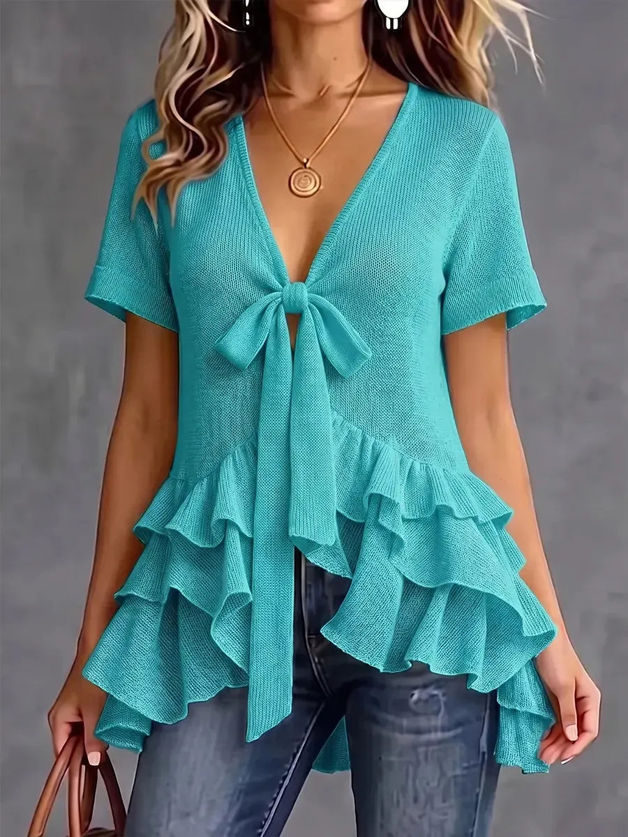 Vibrant Fine-Knit Tie-Front Ruffled Peplum Top