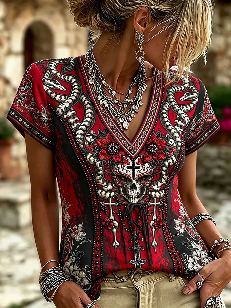 Women Gothic 3d Embroidery Skull Double Snake Floral V Neck Lace Up Short Sleeve Top