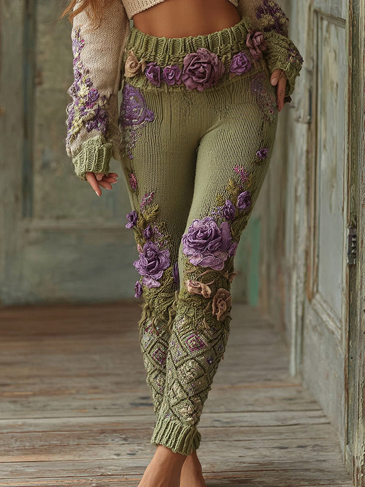 Lassy Gradient Purple Lavender And Floral Art Cozy Knit Leggings