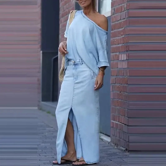 Off-Shoulder Top & Front-Slit Maxi Skirt Set